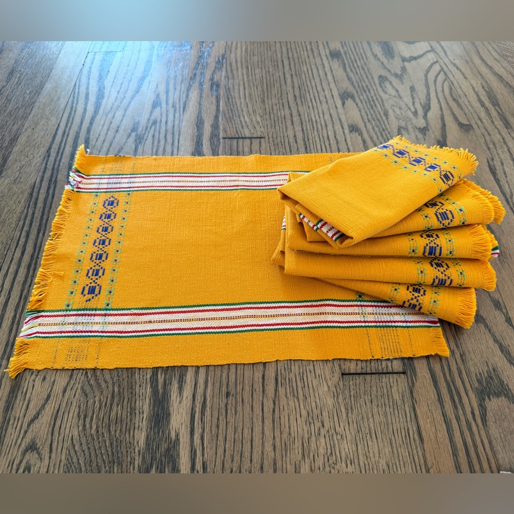 Yellow Woven Napkin Set with Multicolor Stripe Detail